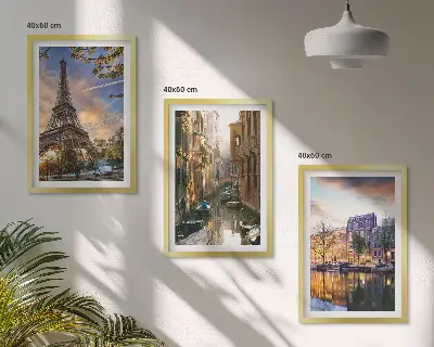 Triptykon med Eiffeltårnet, Venedig og Amsterdam kanaler billeder med ramme