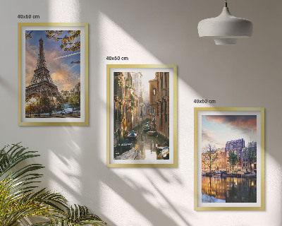 Triptykon billeder med ramme Eiffeltårnet Venedig Amsterdam kanaler