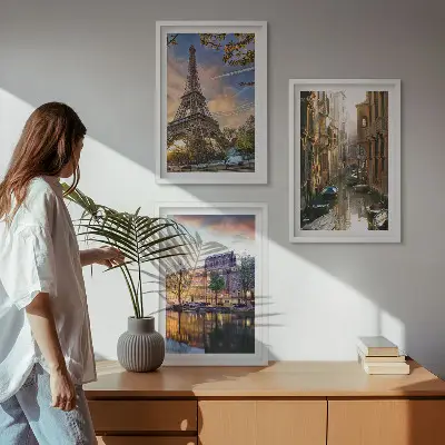 Triptykon med Eiffeltårnet, Venedig og Amsterdam kanaler billeder med ramme