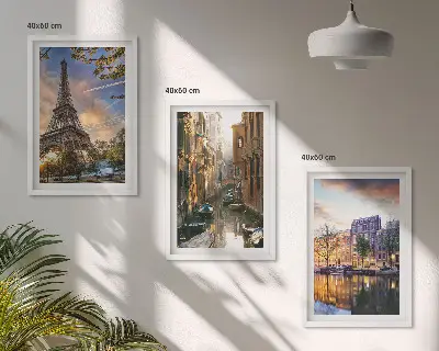 Triptykon med Eiffeltårnet, Venedig og Amsterdam kanaler billeder med ramme