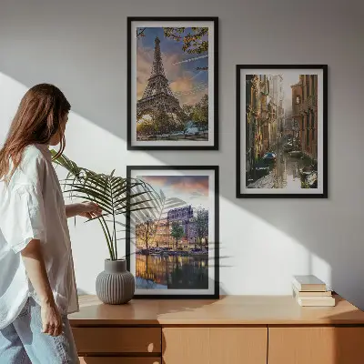 Triptykon med Eiffeltårnet, Venedig og Amsterdam kanaler billeder med ramme