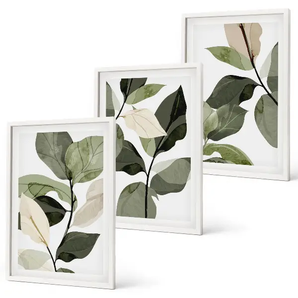 Billedsæt til soveværelset med motiv af malede boho planteblade