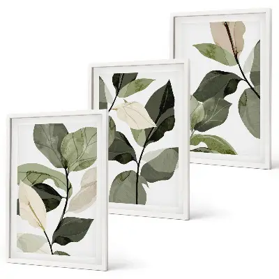 Billedsæt til soveværelset med motiv af malede boho planteblade