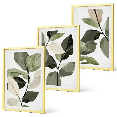 Billedsæt til soveværelset med motiv af malede boho planteblade