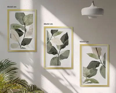 Billedsæt til soveværelset med motiv af malede boho planteblade