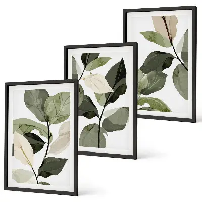 Billedsæt til soveværelset med motiv af malede boho planteblade