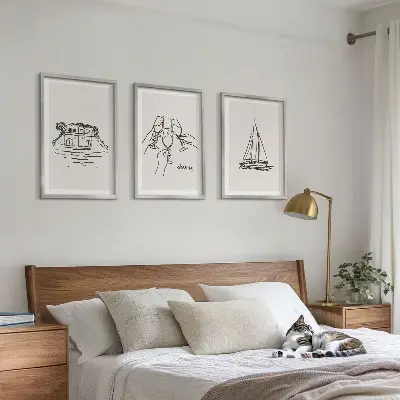 Triptykon billeder med ramme motiv af sejlbåd ved vandet
