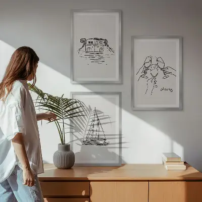 Triptykon billeder med ramme motiv af sejlbåd ved vandet