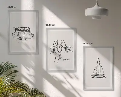 Triptykon billeder med ramme motiv af sejlbåd ved vandet