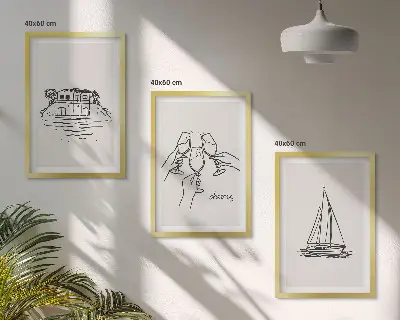 Triptykon billeder med ramme motiv af sejlbåd ved vandet