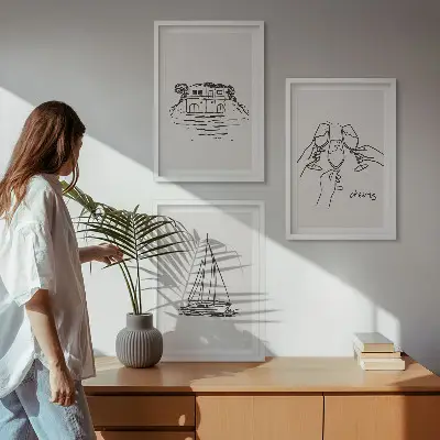 Triptykon billeder med ramme motiv af sejlbåd ved vandet