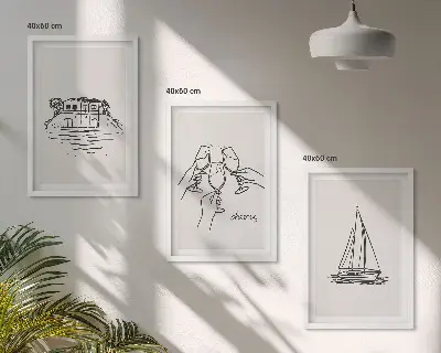 Triptykon billeder med ramme motiv af sejlbåd ved vandet