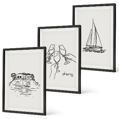 Triptykon billeder med ramme motiv af sejlbåd ved vandet