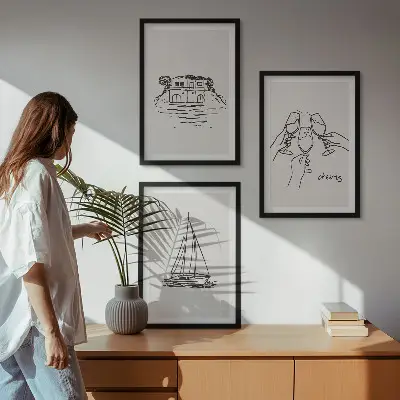 Triptykon billeder med ramme motiv af sejlbåd ved vandet