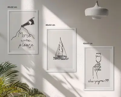 Sengesæt til soveværelset med motiv af vin, sejlbåd og glas i stregtegning