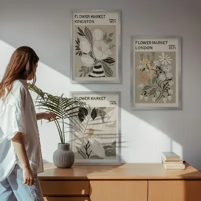 Triptykon billeder med ramme med motiv af retroblomster fra byer verden over