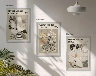 Triptykon billeder med ramme med motiv af retroblomster fra byer verden over