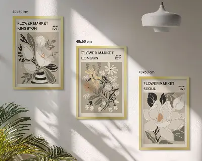 Triptykon billeder med ramme med motiv af retroblomster fra byer verden over