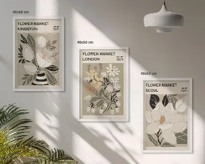 Triptykon billeder med ramme med motiv af retroblomster fra byer verden over
