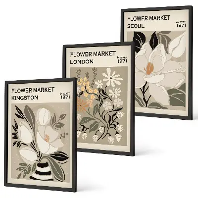 Triptykon billeder med ramme med motiv af retroblomster fra byer verden over