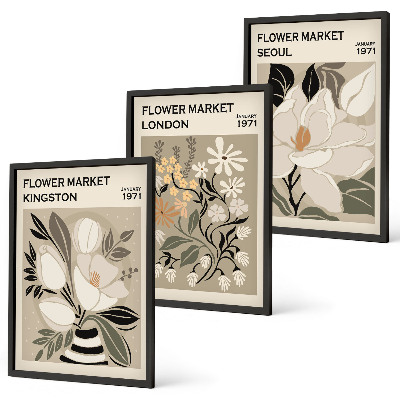 Triptykon billeder med ramme Retroblomster fra byer rundt om i verden