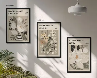 Triptykon billeder med ramme med motiv af retroblomster fra byer verden over