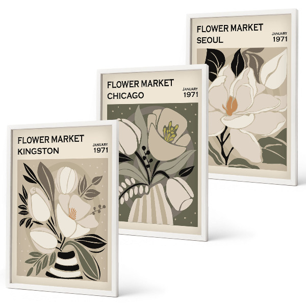 Triptykon billeder med ramme Blomster Kingston Seoul Chicago retro