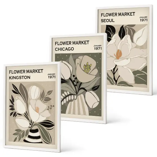 Triptyk billeder med ramme med retro blomstermotiver fra Kingston, Seoul og Chicago