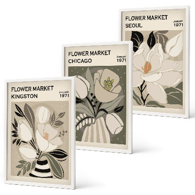 Triptykon billeder med ramme Blomster Kingston Seoul Chicago retro