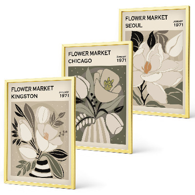 Triptykon billeder med ramme Blomster Kingston Seoul Chicago retro