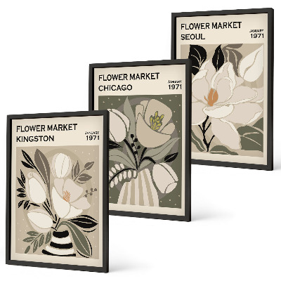 Triptykon billeder med ramme Blomster Kingston Seoul Chicago retro