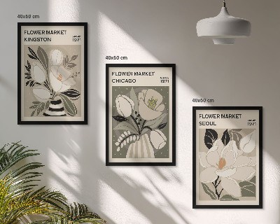 Triptykon billeder med ramme Blomster Kingston Seoul Chicago retro