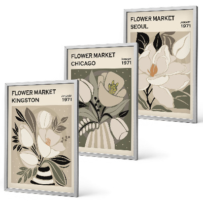 Triptykon billeder med ramme Blomster Kingston Seoul Chicago retro