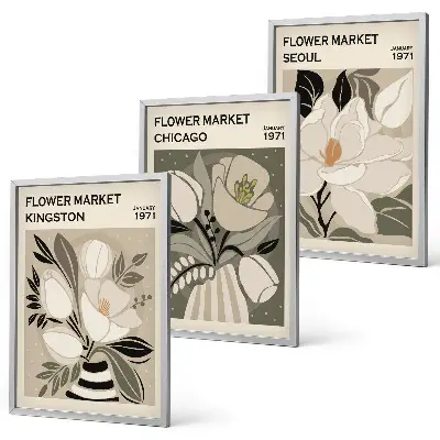 Triptyk billeder med ramme med retro blomstermotiver fra Kingston, Seoul og Chicago