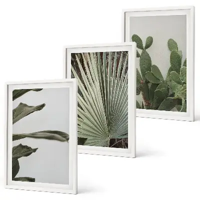 Billedsæt til soveværelset med blade af tropiske planter i pastel