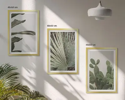 Billedsæt til soveværelset med blade af tropiske planter i pastel