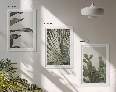 Billedsæt til soveværelset med blade af tropiske planter i pastel