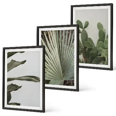 Billedsæt til soveværelset med blade af tropiske planter i pastel