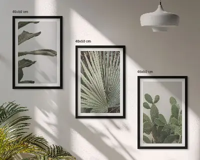 Billedsæt til soveværelset med blade af tropiske planter i pastel