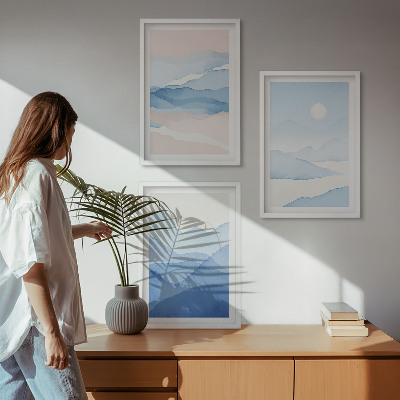 Billedvæg inspiration Blå lyserøde bjerge akvarel