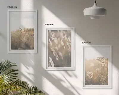 Billedvæg med naturmotiv landskab med græs og blomster i varme nuancer