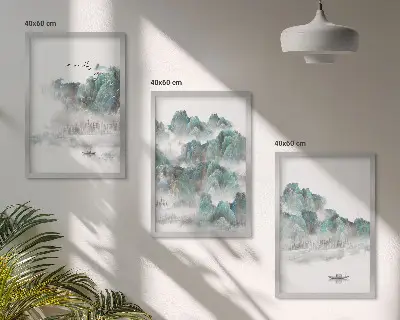 Billedsæt til soveværelset med motiver af bjerge, skyer, fugle og båd i japandi-stil