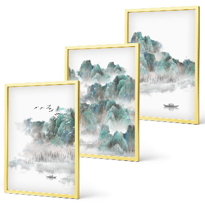 Billedsæt til soveværelset Bjerge, skyer, fugle, båd, japandi