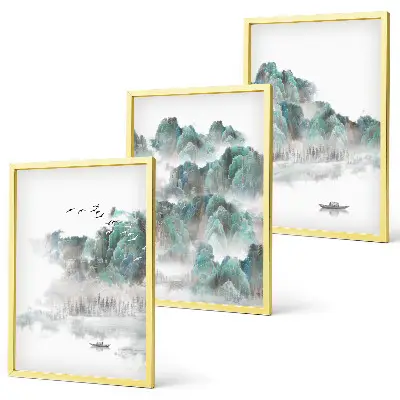 Billedsæt til soveværelset med motiver af bjerge, skyer, fugle og båd i japandi-stil