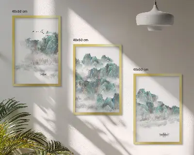 Billedsæt til soveværelset med motiver af bjerge, skyer, fugle og båd i japandi-stil