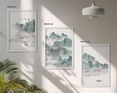 Billedsæt til soveværelset med motiver af bjerge, skyer, fugle og båd i japandi-stil