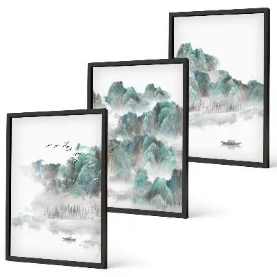Billedsæt til soveværelset med motiver af bjerge, skyer, fugle og båd i japandi-stil