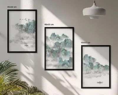 Billedsæt til soveværelset med motiver af bjerge, skyer, fugle og båd i japandi-stil