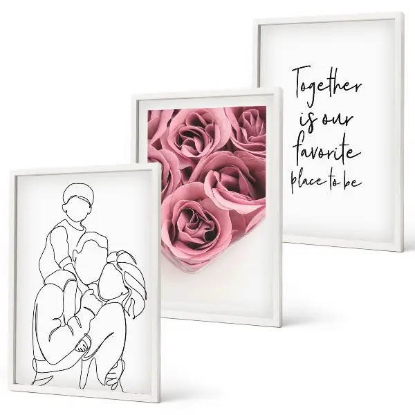 Billedsæt til soveværelset med line art motiv af rosebuketter