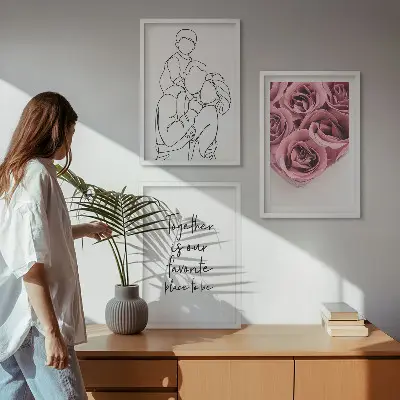 Billedsæt til soveværelset med line art motiv af rosebuketter